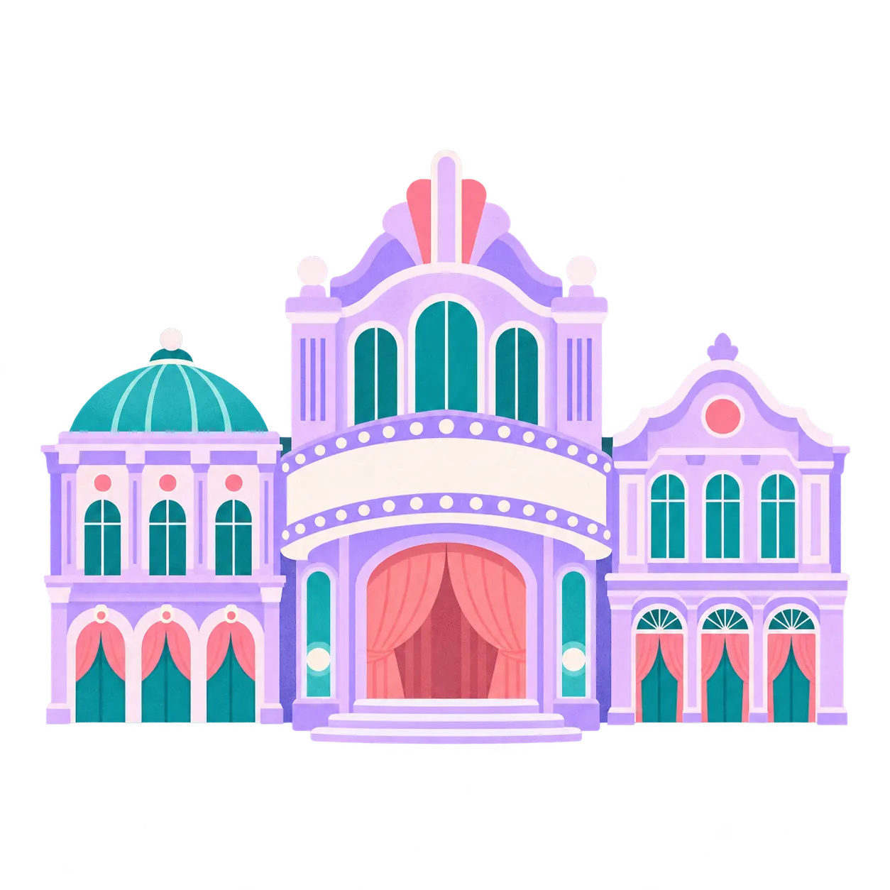 Illustration of three grand theatres side by side